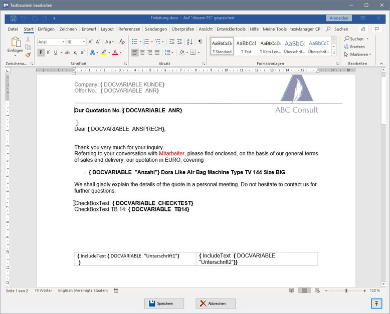 Textbaustein Dokumentenvariablen als Platzhalter