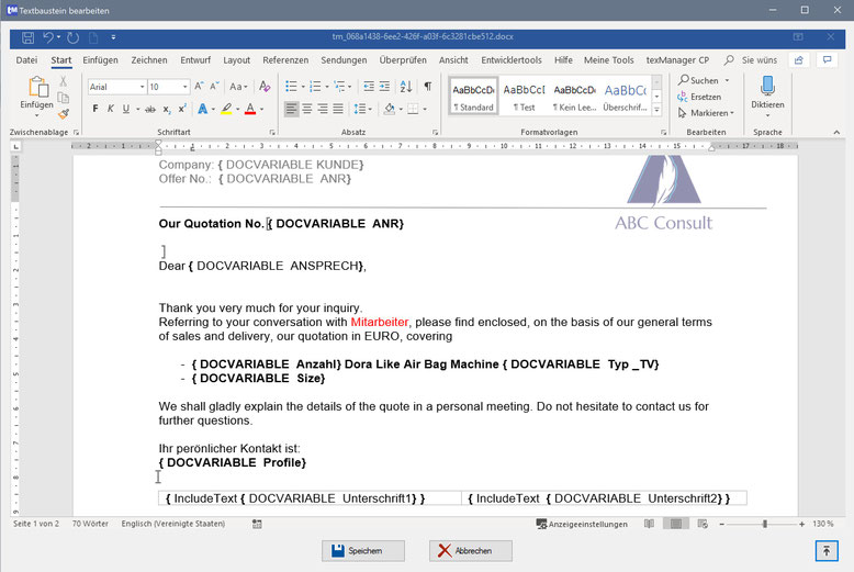 Textbaustein-Editor mit Dokumentvariablen