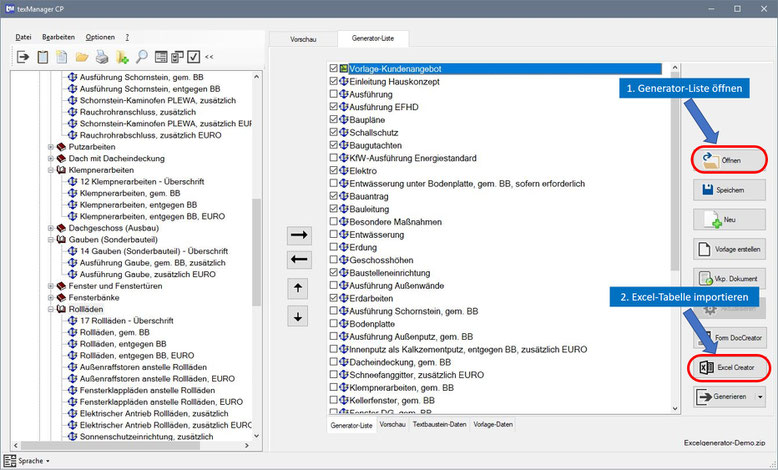 Generator-Liste die mit der aktuellen Excel-Tabelle synchronisiert werden kann