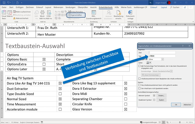 Inhaltssteuerelement Checkboxen für Dokumentengenerator