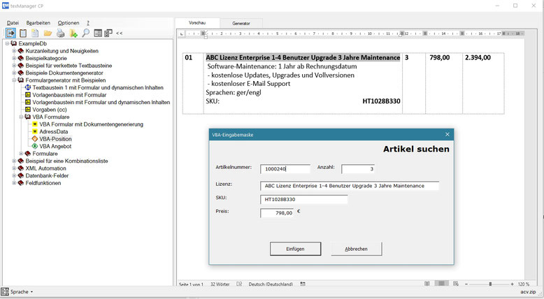 VBA Formular und Textbaustein