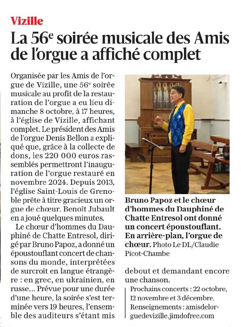 Dauphiné Libéré, du Grésivaudan à l'Oisans, Vizille édition du 12 octobre 2023, article et photo Claudie Picot Chambe