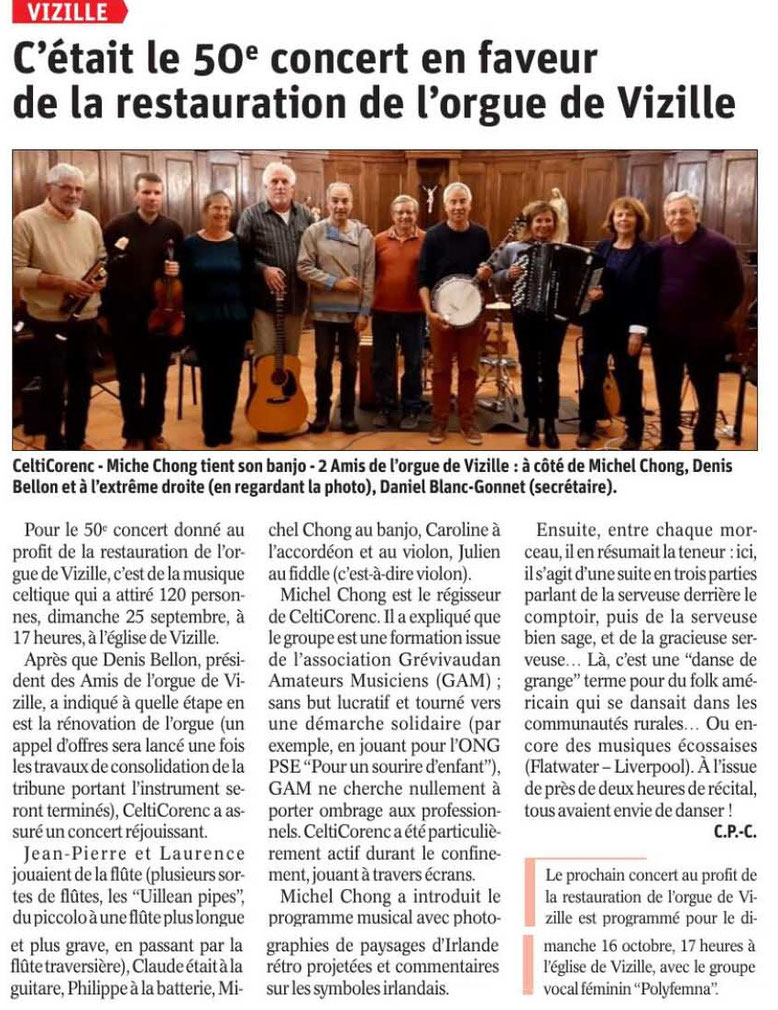 Dauphiné Libéré, Romanche Oisans, Vizille, édition du 28 septembre 2022, article et photo Claudie Picot Chambe