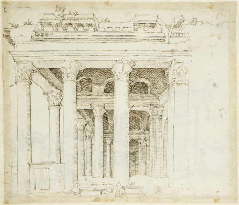 Maarten van Heemskerck, Pantheonvorhalle, 1553-1536/37, SMB, Kupferstichkabinett, Inv. 79 D 2 a, fol. 39r, Fotograf: Volker H. Schneider