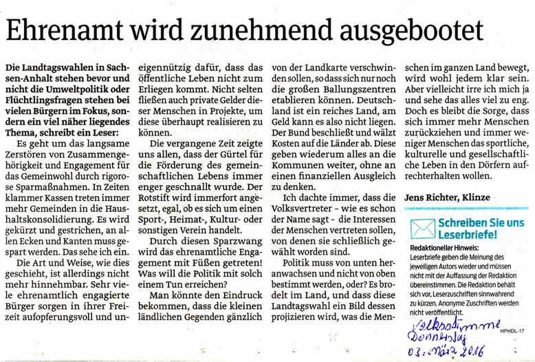 Quelle des Zeitungsartikels: Haldensleber Volksstimme vom 3.März 2016