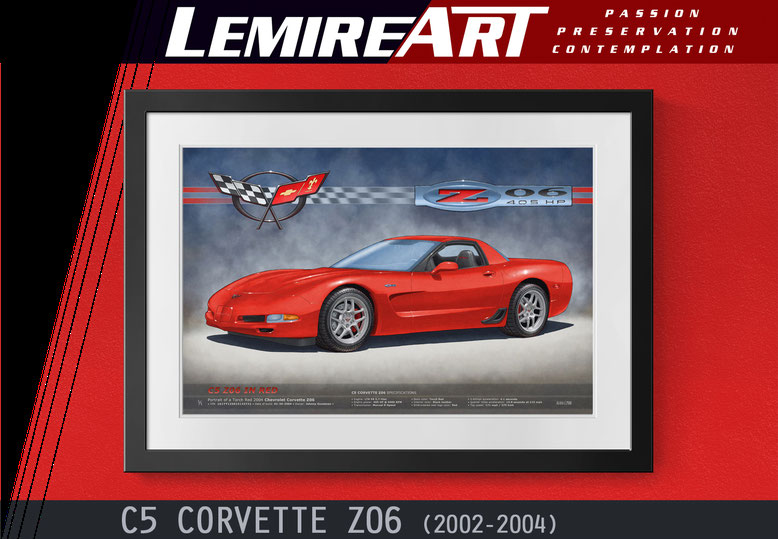 Drawn portrait of a C5 Corvette Z06 in Torch Red