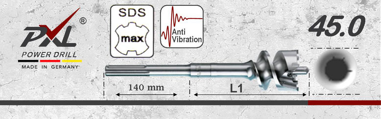 Prodito PXL hamerboorkroon  met een boorspiraal van 80mm lengte en een  diameter 45mm  SDSmax opname