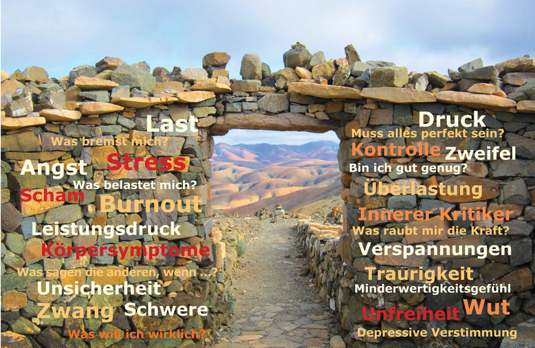 Stress, Überlastung, Burnout, Angst, Minderwertigkeitsgefühl, Zweifel, Unsicherheit, Traurigkeit, Druck, Schwere, Körpersymptome, Verspannungen, Last, Zwang, Kontrolle, Wut, Scham, Depressive Verstimmung, Innerer Kritiker, Unfreiheit, Leistungsdruck, Wert