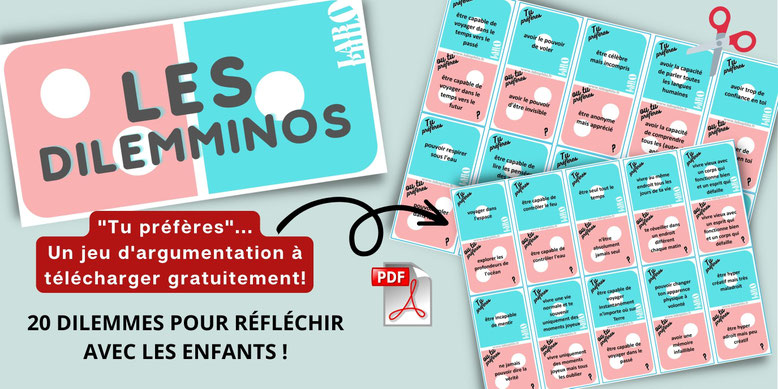 Philosophie pour enfants. Tu préfères. Dilemmes. Jeu de réflexion. PDF gratuit. Jeu philo gratuit. LaboPhilo formation en philosophie pour enfants.  