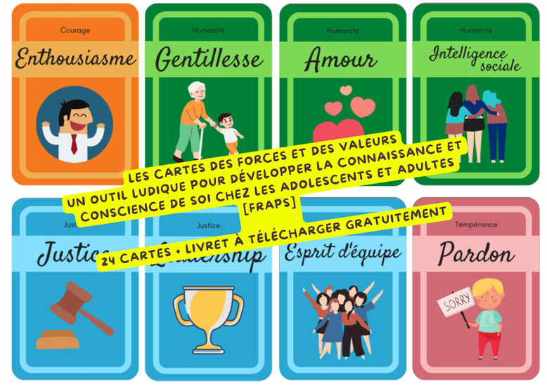 Cartes des forces et des valeurs. Compétences psychosociales. CPS. Connaissance de soi. Conscience de soi. Psychologie positive. Modèle VIA. Values In Action.