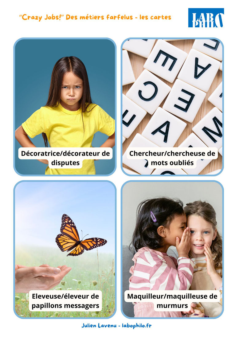 Jeu philo gratuit. Jeu CPS gratuit. Crazy jobs. Identité. Connaissance de soi. Communication Non Violente. Empathie. Philosophie pour enfants. Compétences psychosociales.
