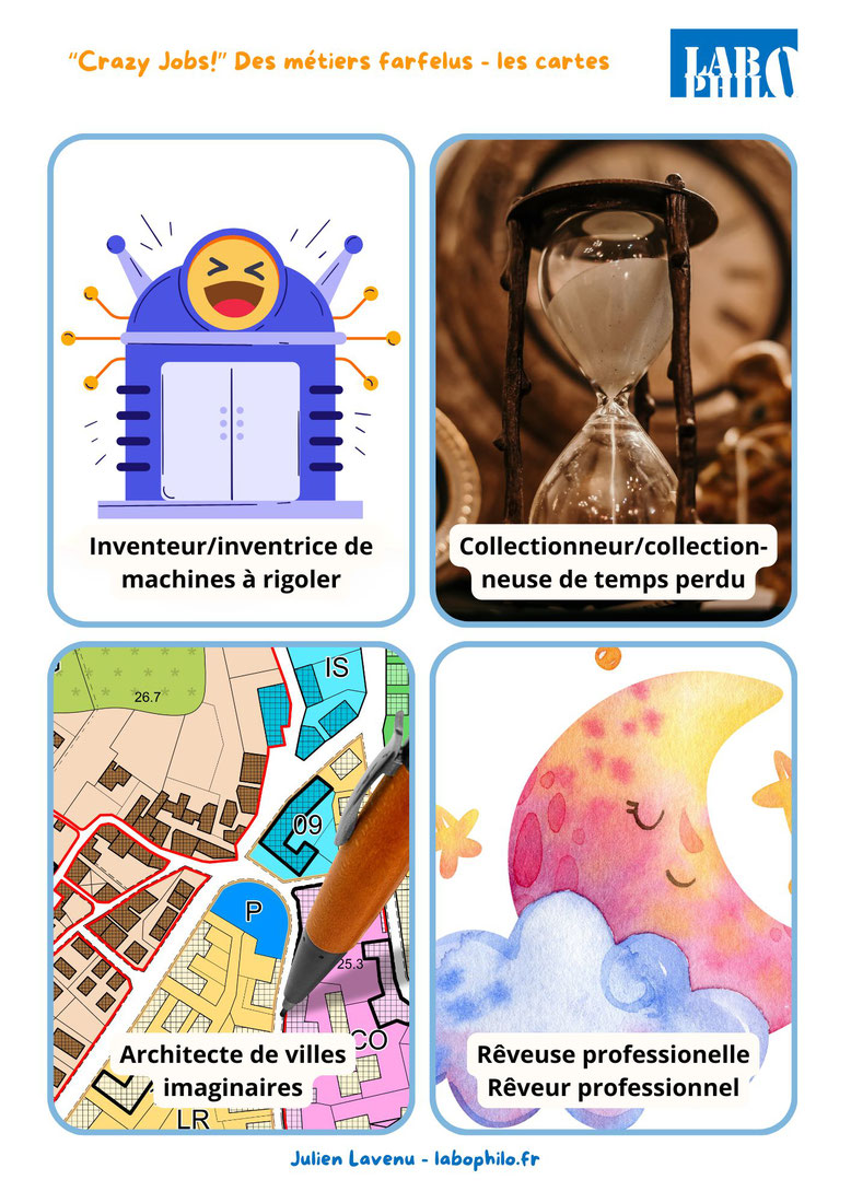 Jeu philo gratuit. Jeu CPS gratuit. Crazy jobs. Identité. Connaissance de soi. Communication Non Violente. Empathie. Philosophie pour enfants. Compétences psychosociales.