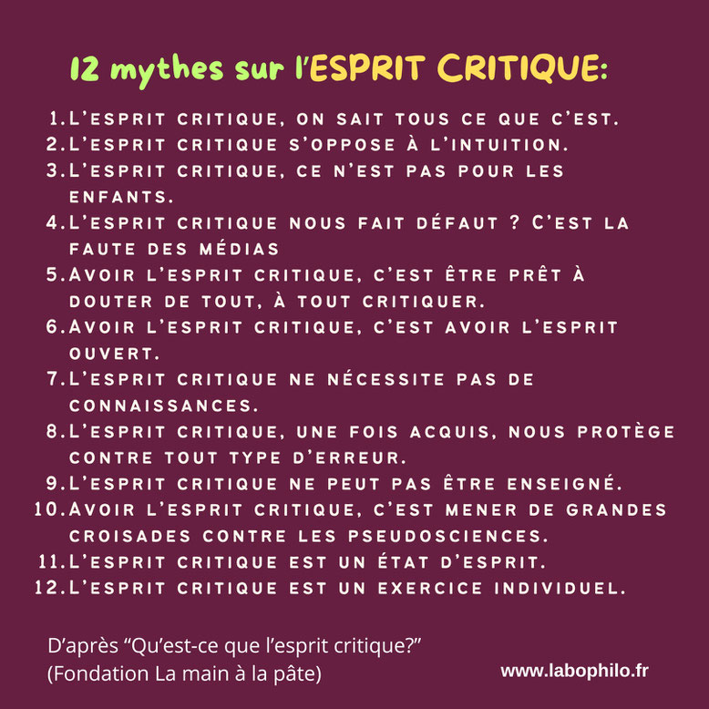 12 mythes sur l'esprit critique. Philosophie pour enfants. La main à la pâte.