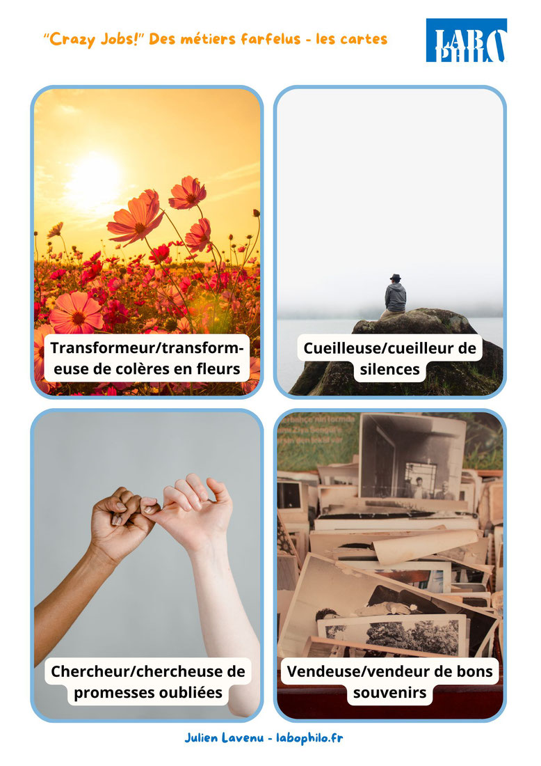 Jeu philo gratuit. Jeu CPS gratuit. Crazy jobs. Identité. Connaissance de soi. Communication Non Violente. Empathie. Philosophie pour enfants. Compétences psychosociales.