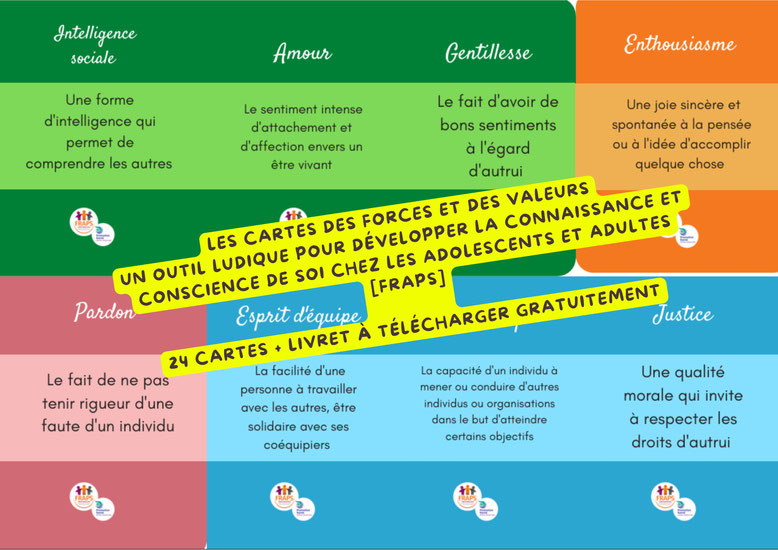 Cartes des forces et des valeurs. Compétences psychosociales. CPS. Connaissance de soi. Conscience de soi. Psychologie positive. Modèle VIA. Values In Action.