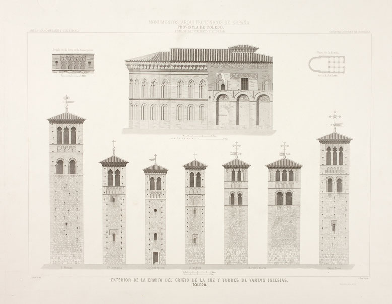 Cristo de la Luz y planta y exteriores de varias torres de iglesias de Toledo - Calcografía nacional - Monumentos artísticos de España - sXIX