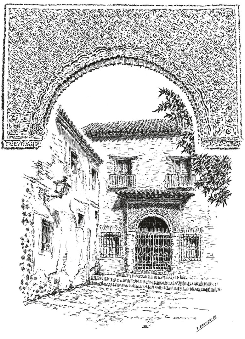 Entrada a la Casa de Mesa por la plaza de San Román, detalle de la yesería de la entrada - Ayuntamiento de Toledo ilustración de Fernando Aranda Alonso 2016
