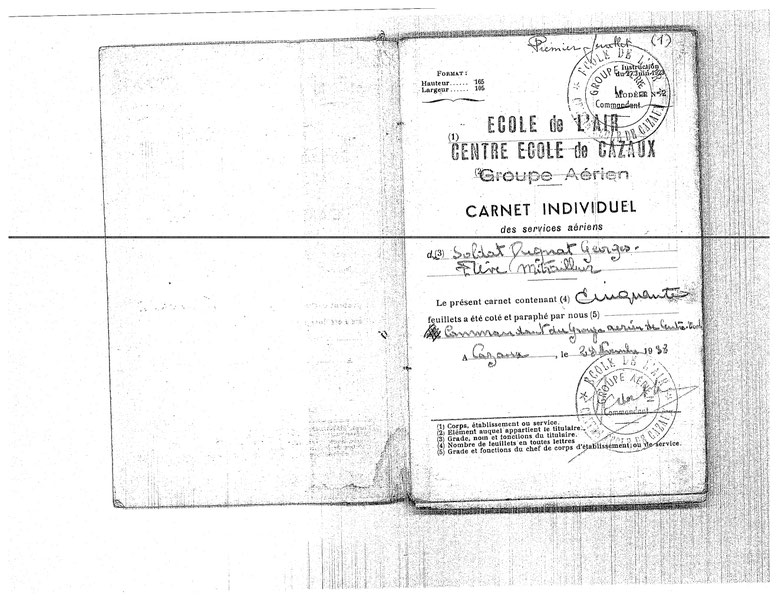 1 er feuillet de son carnet de vol