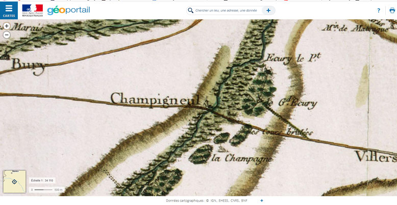Champigneul-Champagne - carte de Cassini - 1757