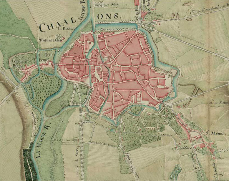 Atlas de Trudaine, Chaalons (1745-1780), vue de Châlons-en-Champagne et des routes y menant et en repartant