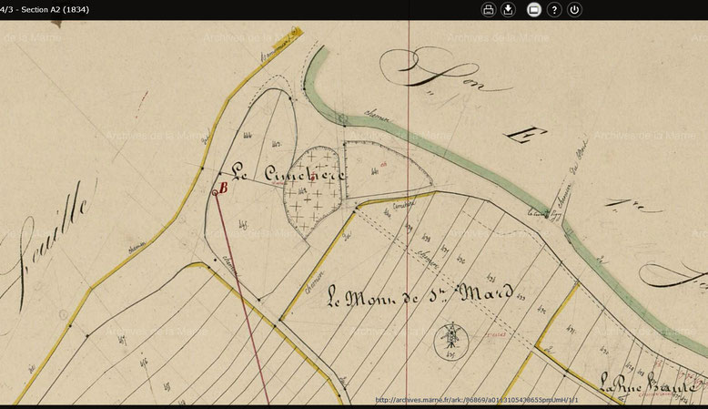 Saint-Mard-sur-le-Mont - cadastre de 1834 Section A2 - Archives départementales de la Marne - emplacement du cimetière et d'un ancien moulin à vent