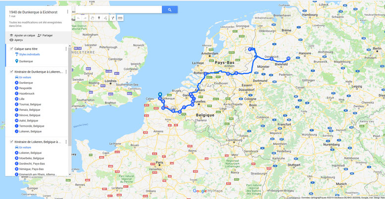 Exemple d'itinéraire d'un soldat français fait prisonnier en juin 1940 à Dunkerque, jusqu'à un camp de travail situé dans la VIe région militaire allemande