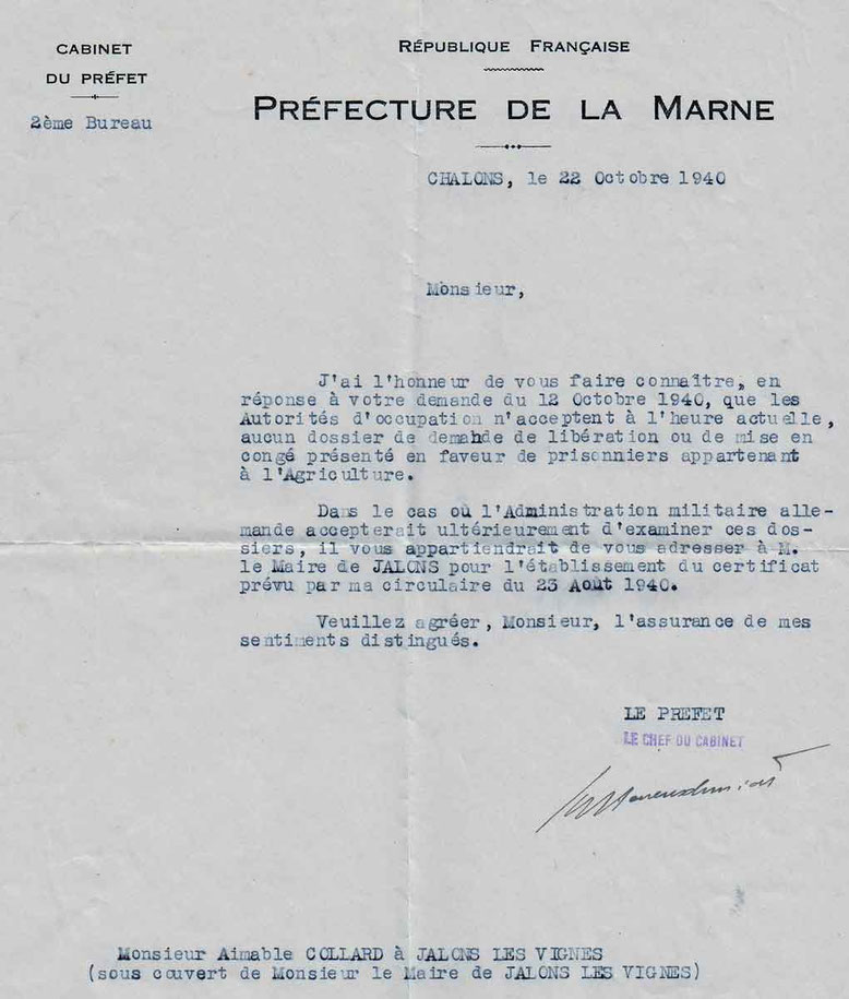 Lettre de réponse à la demande faite par ses parents le 12 octobre 1940 de le faire libérer comme soutien de famille pour l'exploitation agricole