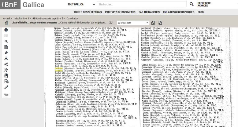 Liste officielle des prisonniers de guerre 3 février 1941 - Source : BnF Gallica
