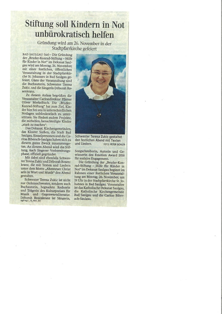 Zeitungbericht mit Bild Sr. Teresa Zukic