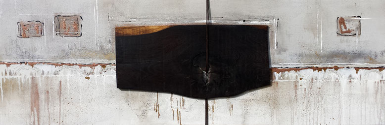 " Natur trifft Kunst 2 " - 50 x 160cm - Acryl, Quarzsand, Eiche (Eichenholzmanufaktur Hugo Kämpf) , Leder auf Leinwand - Preis auf Anfrage