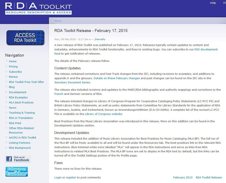 Screenshot mit Infos zum Februar-Release auf der Website des RDA Toolkit