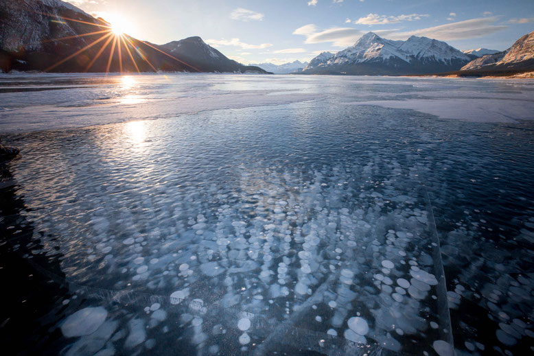 Canadian Rockies in Winter Abraham Lake frozen bubbles sunrise sunset