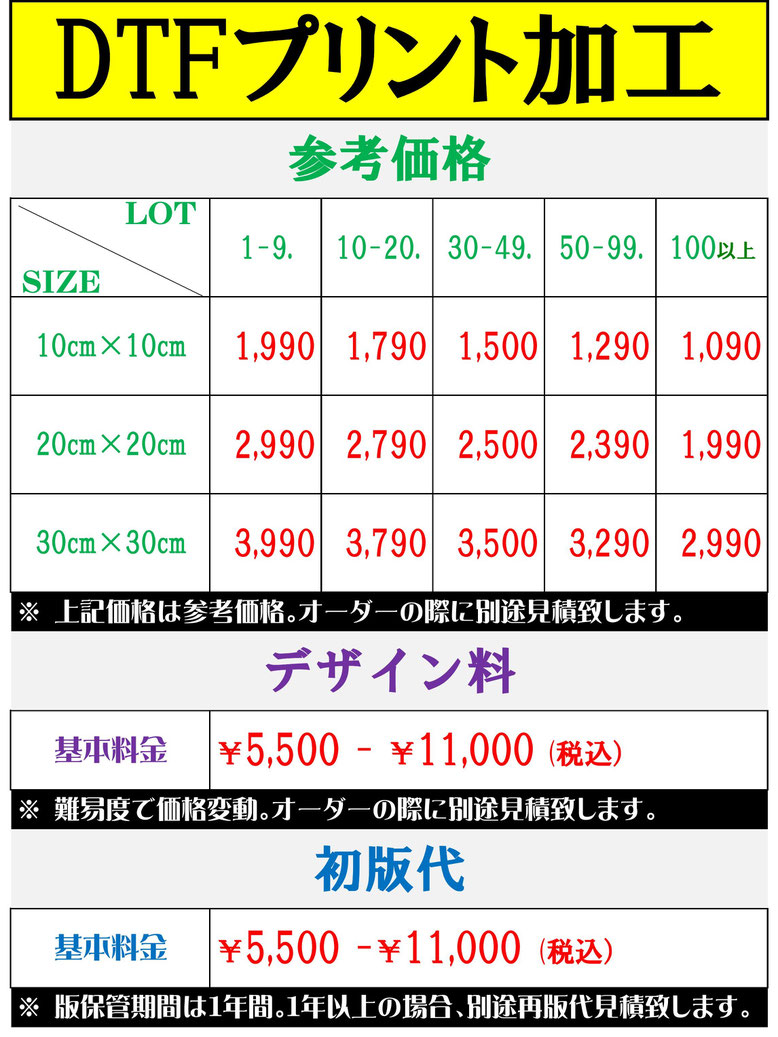 DTFプリント加工価格表