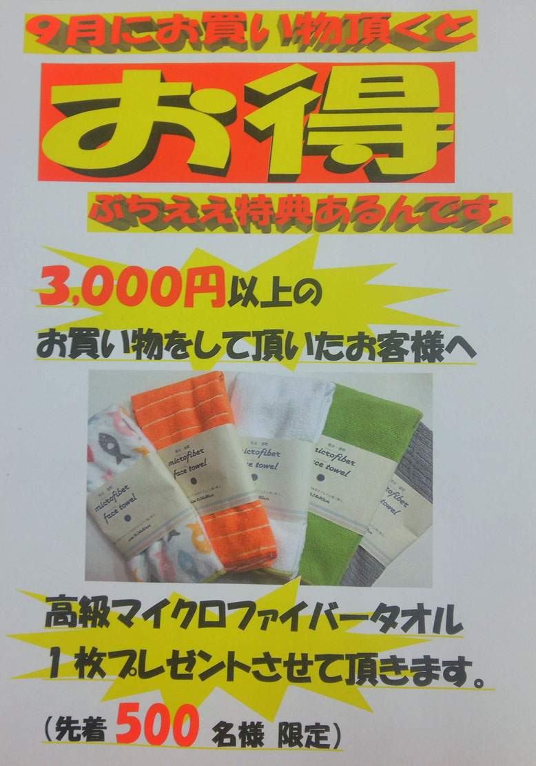 3000円以上お買い物頂いたお客様に、吸水性抜群のマイクロファイバータオルをプレゼント中！！