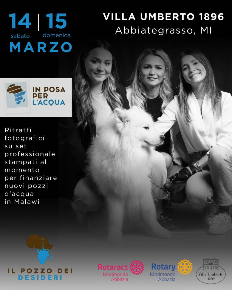 La locandina dell'evento solidale di ritratti fotografici In Posa per l'Acqua ad Abbiategrasso promosso dal Rotary e Rotaract Morimondo Abbazia