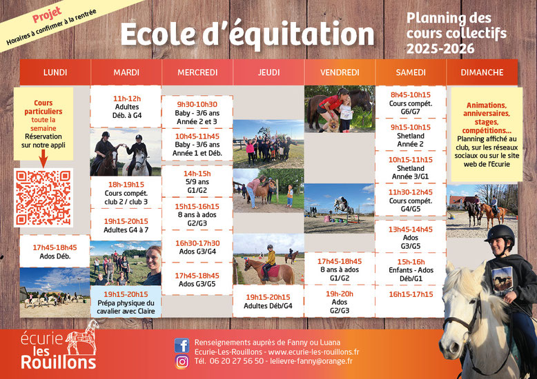 Planning des cours d'équitation 2025-2026, centre équestre et poney-club Les Rouillons, Sens, Yonne