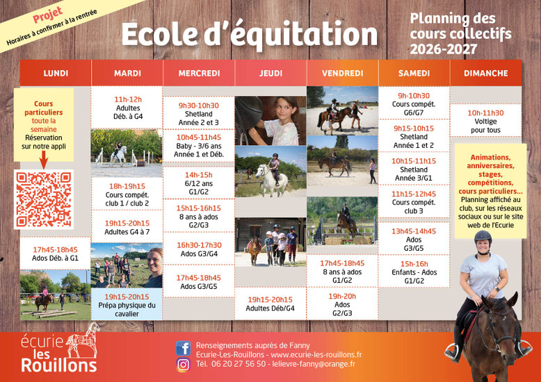 Planning des cours d'équitation 2025-2026, centre équestre et poney-club Les Rouillons, Sens, Yonne