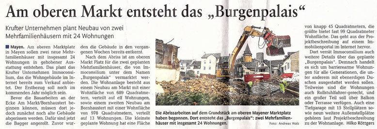 Zeitungsbericht zur Projektentwicklung am Marktplatz von Mayen (Rhein Zeitung)