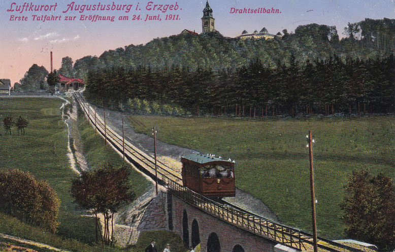 Luftkurort Augustusburg i. Erzgebirge, erste Talfahrt der Drahtseilbahn 1911, Archiv W. Thiele