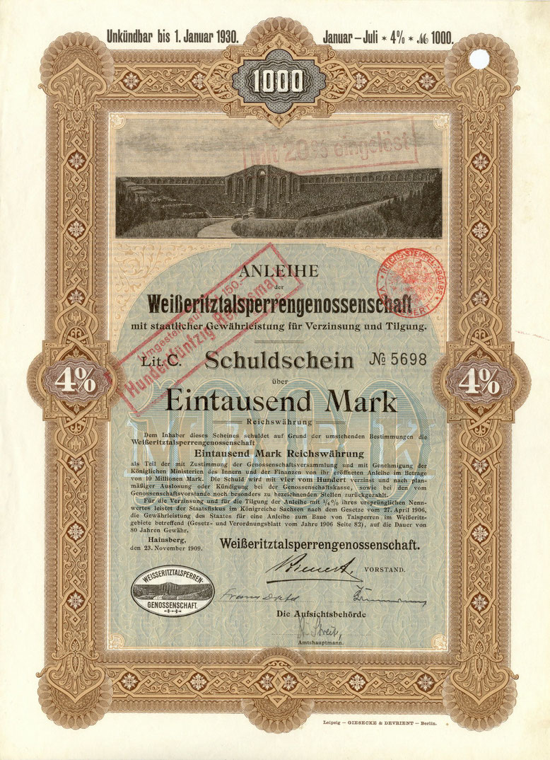 Anleihe der Weißeritztalsperrengesellschaft, Hainsberg, 1909, Archiv W. Thiele