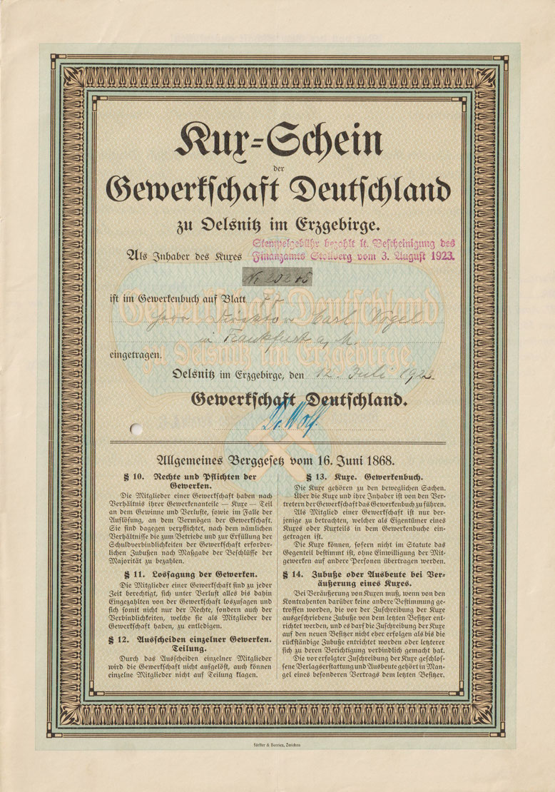 Kux-Schein der Gewerkschaft Deutschland zu Oelsnitz im Erzgebirge 1923, Archiv W. Thiele