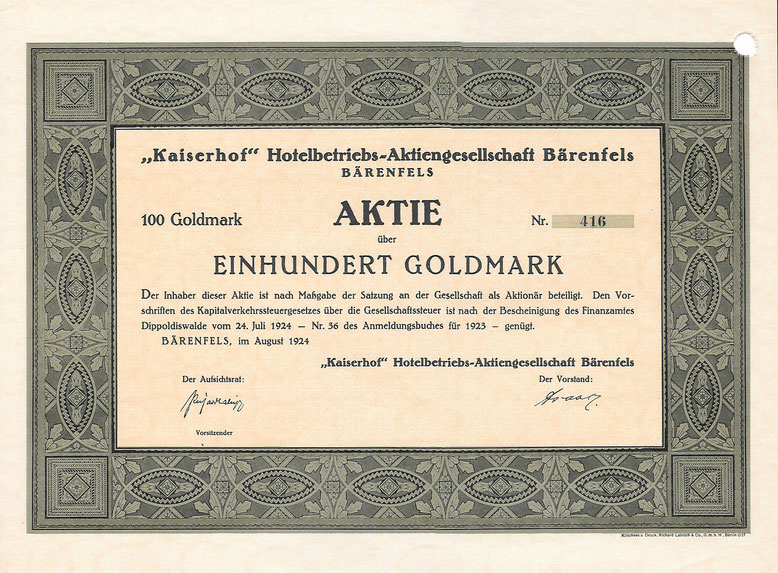 Aktie der Hotelbetriebs-AG Kaiserhof von 1924