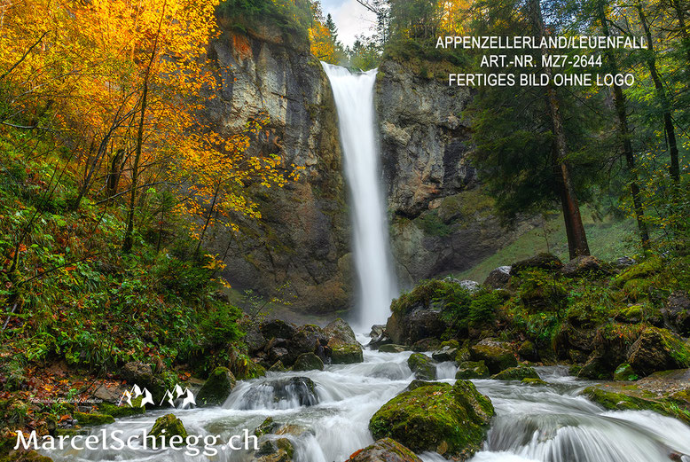 Marcel Schiegg, Fotografie, Leuenfall, Waldgasthaus Lehmen, Alpstein, Appenzell, Appenzellerland, Wasserfall