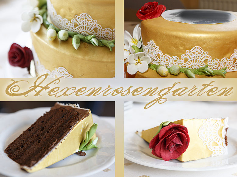 Rosen Zucker Fondant Goldene Hochzeit Torte Blüte Hexenrosengarten gold Spitze Magic decor gold Freesien Sachertorte