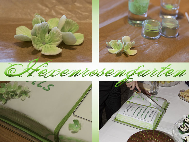 Zucker Fondant Konfirmation Buchtorte Torte Blüte Hexenrosengarten grün Hortensie
