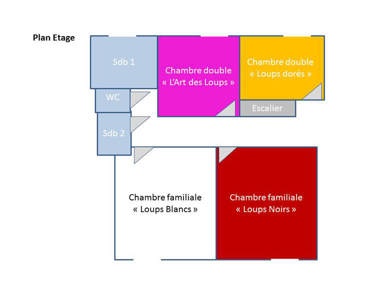 Plan de l'étage : Gîte des Nerleux, gîte pour 10-12 personnes dans le vignoble, location week-end, semaine, vacances, Saumur - plan de l'étage