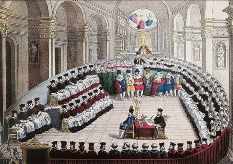 Ouvert en 1545, le Concile de Trente a duré 18 ans. Il a posé les bases de l'Eglise des temps classiques, en rupture avec l'Eglise médiévale. // Started in 1545, the Council of Trent lasted 18 years. It laid the foundations for the Classical Church.