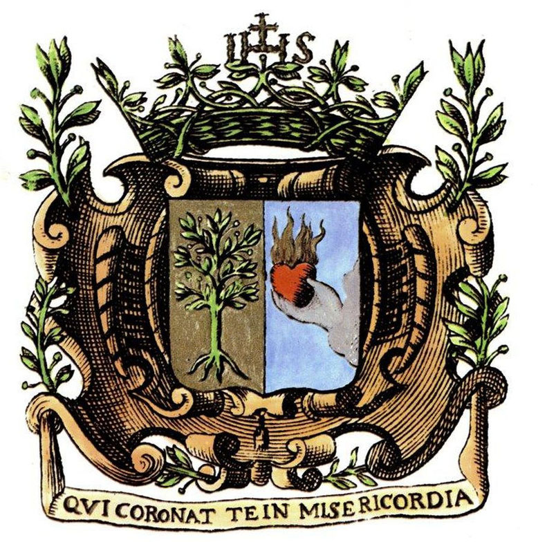 2 symboles sur le blason : l'olivier, arbre biblique, et le coeur flamboyant de St Augustin en feu. // 2 symbols on the coat of arms: the olive tree, a biblical tree, and the heart of St Augustine on fire with love for God..