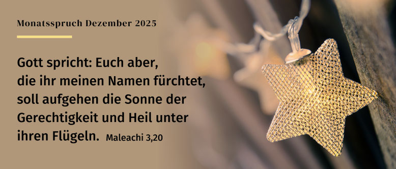 Gott spricht: Euch aber, die ihr meinen Namen fürchtet, soll aufgehen die Sonne der Gerechtigkeit und Heil unter ihren Flügeln. Maleachi 3,20