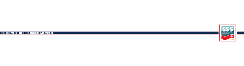 Grafisches Trenner-Element mit blauem Balken und SSS-Logo, Text: BE CLEVER | BE HOZ INSIDE MEMBER.